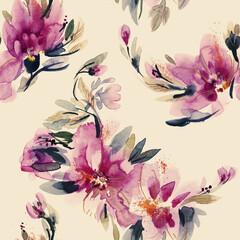 Peonies Seamless Pattern. Watercolor Background. Hand Painted Illustration.