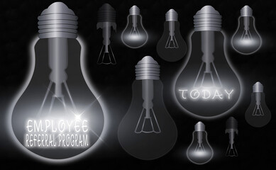 Poster - Handwriting text Employee Referral Program. Conceptual photo employees are rewarded for introducing recruits Realistic colored vintage light bulbs, idea sign solution thinking concept