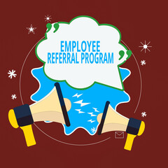Poster - Word writing text Employee Referral Program. Business photo showcasing employees are rewarded for introducing recruits Blank Speech Bubble with Quotation Mark Two Megaphones shouting and Arguing