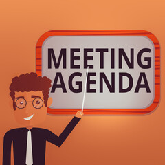 Fototapete - Handwriting text writing Meeting Agenda. Conceptual photo items that participants hope to accomplish at a meeting Man Standing Holding Stick Pointing to Wall Mounted Blank Color Board