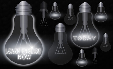 Poster - Handwriting text Learn English Now. Conceptual photo gain or acquire knowledge and skill of English language Realistic colored vintage light bulbs, idea sign solution thinking concept