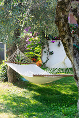 White hammock clamped between two olive trees in front of a small white house. There are leaves in the mat. The hammock looks cozy. Relax!