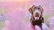 Portrait of a chocolate labrador in a lavender field with a shallow depth of field