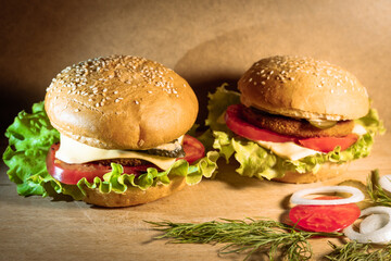 Wall Mural - Two delicious fishburgers with vegetables. Homemade burgers are ready to eat