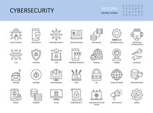 Cybersecurity Vector Icons. Editable Stroke. Access Control App Network Security, Data Protection Backup Software Update 2fa. Encryption Spam Messages Antivirus, Phishing Malware Vpn Password Firewall