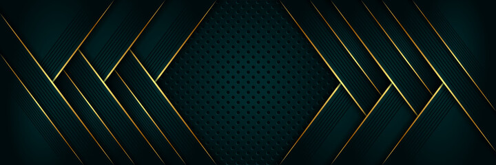 Abstract luxury geometric green with gold lines background vector design template . Premium Graphic design element with golden frame