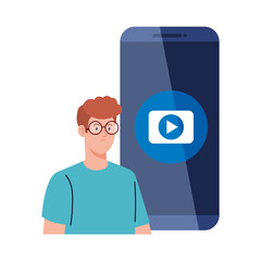 Sticker - social media concept, man with play button in smartphone vector illustration design