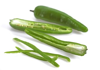 Green Chili Pepper, capsicum sp., Against White Background