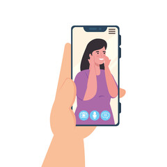 Canvas Print - hand holding smartphone video call on the screen with young woman, social media concept vector illustration design