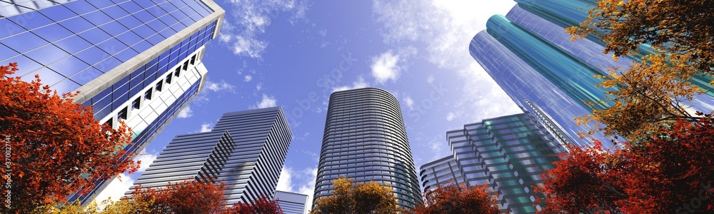 Skyscrapers on the background of the sky bottom view, modern high-rise buildings, autumn in the city, 3D rendering - obrazy, fototapety, plakaty 