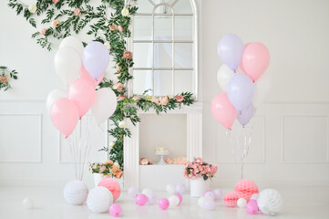 Wall Mural - Birthday party decoration with balloons and cakes