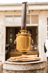 samovar in an old cafe. Russian tradition of tea drinking. tourism in Russia