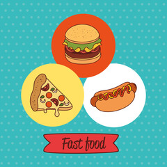 Canvas Print - fast food poster, pizza with burger and hot dog vector illustration design