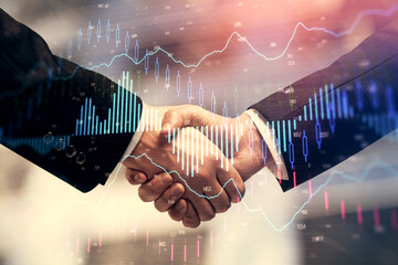 Aufkleber - Double exposure of forex graph hologram and handshake of two men. Stock market concept.