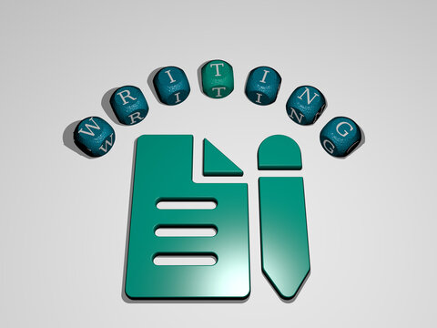 3D illustration of WRITING graphics and text around the icon made by metallic dice letters for the related meanings of the concept and presentations. business and showing