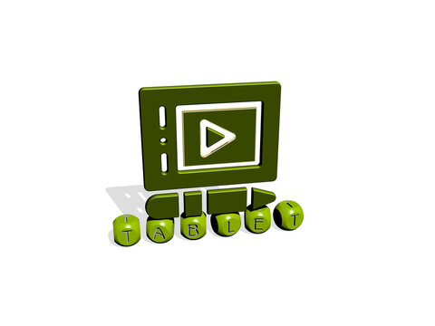 3D illustration of tablet graphics and text made by metallic dice letters for the related meanings of the concept and presentations. computer and digital
