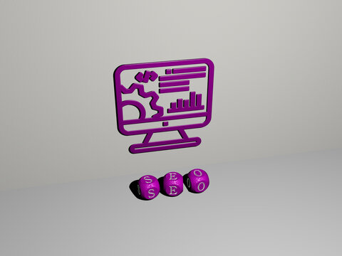 3D illustration of seo graphics and text made by metallic dice letters for the related meanings of the concept and presentations. business and icon