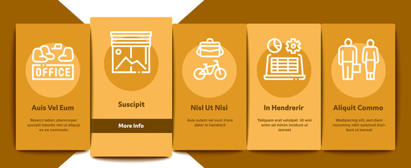 Poster - Office And Workplace Onboarding Mobile App Page Screen Vector. Office Table And Chair, Badge And Business Case, Water Cooler And Computer Screen Illustrations