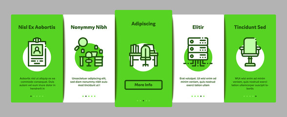Poster - Office And Workplace Onboarding Mobile App Page Screen Vector. Office Table And Chair, Badge And Business Case, Water Cooler And Computer Screen Illustrations