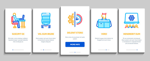 Poster - Office And Workplace Onboarding Mobile App Page Screen Vector. Office Table And Chair, Badge And Business Case, Water Cooler And Computer Screen Illustrations