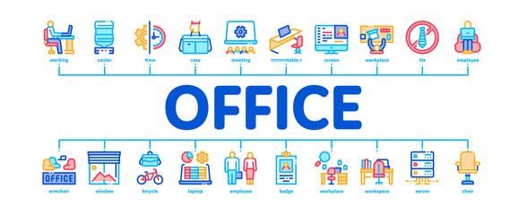 Aufkleber - Office And Workplace Minimal Infographic Web Banner Vector. Office Table And Chair, Badge And Business Case, Water Cooler And Computer Screen Illustration