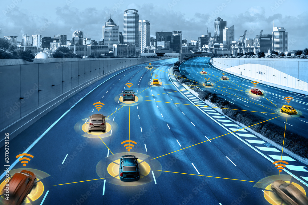Autonomous car sensor system concept for safety of driverless mode car control . Future adaptive cruise control sensing nearby vehicle and pedestrian . Smart transportation technology . - obrazy, fototapety, plakaty 