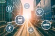 © InfiniteFlow - Smart transport technology concept for future car traffic on road . Virtual intelligent system makes digital information analysis to connect data of vehicle on city street . Futuristic innovation .
