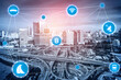 © InfiniteFlow - Smart transport technology concept for future car traffic on road . Virtual intelligent system makes digital information analysis to connect data of vehicle on city street . Futuristic innovation .