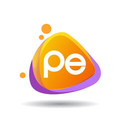 Poster - Letter PE logo in triangle splash and colorful background, letter combination logo design for creative industry, web, business and company.