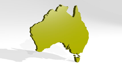 MAP OF AUSTRALIA made by 3D illustration of a shiny metallic sculpture with the shadow on light background. abstract and concept