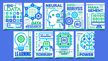 Sticker - Artificial Intelligence Promo Posters Set Vector. Data Research, Analysis And Management, Neural Network And Robotics Technology Advertising Banners. Concept Template Stylish Color Illustrations