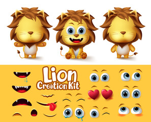 Wall Mural - Lions animal characters creation vector set. Lion animals character editable eyes and mouth body parts create kit with different emotion and expression for cartoon collection design.