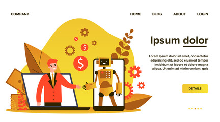 Poster - Man chatting with bot. Happy person and robot shaking hands, gadget screens, deal flat vector illustration. Communication, customer support concept for banner, website design or landing web page