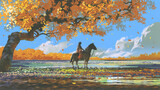 woman sitting on a horse under an autumn tree, digital art style, illustration painting
