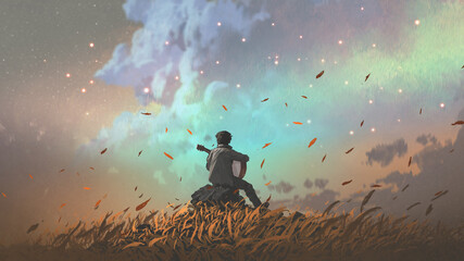 man playing guitar alone in the meadow, digital art style, illustration painting