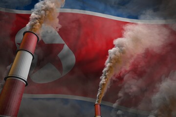 Pollution fight in North Korea concept - industrial 3D illustration of two huge industrial chimneys with heavy smoke on flag background