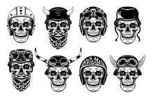 Skulls In Biker Helmets Set. Motorcyclist Hats With Horns And Glasses, Monochrome Vintage Rock Symbols. Vector Illustration Collection For Tattoo Templates, Bikers Club Emblems
