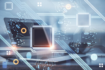 double exposure of desktop computer and technology theme hologram. concept of software development.