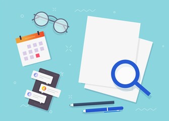 Poster - Paper sheet research documents blank empty for copy space text, audit workplace table desk top view, clean pages flat lay desktop vector illustration, concept of education or learning workspace