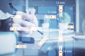 Poster - Tech autopilot theme hologram over woman's hands taking notes background. Concept of hightech. Double exposure