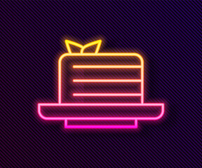 Poster - Glowing neon line Medovik icon isolated on black background. Honey layered cake or russian cake Medovik on plate. Vector.