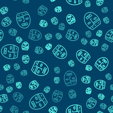Green Line Mexican Mayan Or Aztec Mask Icon Isolated Seamless Pattern On Blue Background. Vector.