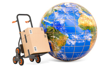 Hand truck with parcel and Earth Globe. Global shipping and delivery concept, 3D rendering