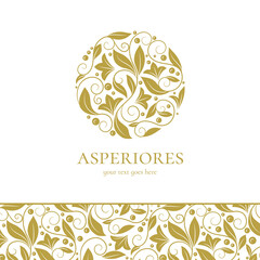 Golden logo with organic leaves in a circle shape. Can be used for jewelry, beauty and fashion industry. Great for emblem, monogram, invitation, flyer, menu, background, or any desired idea.