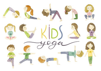 Kids yoga. Watercolor set of yoga poses boys and girls. 