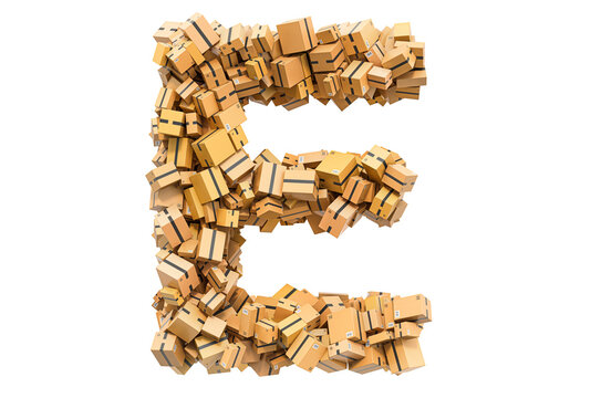 Letter E from cardboard boxes. 3D rendering