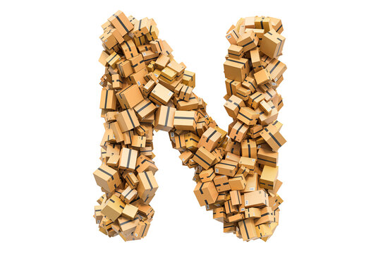 Letter N from cardboard boxes. 3D rendering