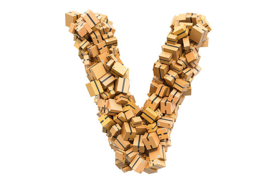 Letter V from cardboard boxes. 3D rendering