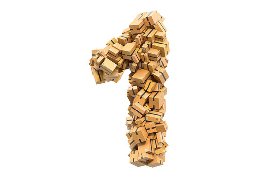 Number 1 from cardboard boxes. 3D rendering