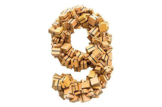 Number 9 from cardboard boxes. 3D rendering